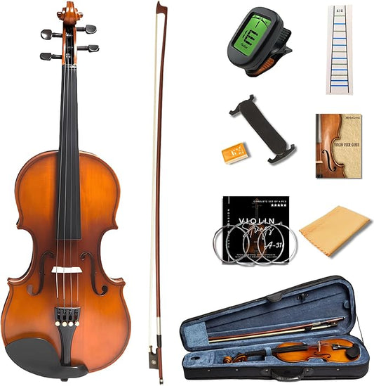 4/4 Full Size Violin for Adults - Solid Wood, Spruce Top, Maple Back, Pro Brazilwood Bow, Hard Case, Shoulder Rest, Electronic Tuner, Extra Strings & Rosin (MVA-800)
