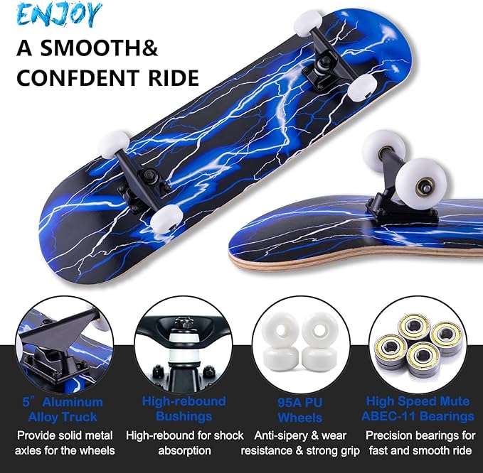 Skateboard,31 x 8 Inch Complete Skateboard, 8-Layer Maple Wood Deck Double Kick Standard Skateboards for Kids, Teens, Adult, Beginner