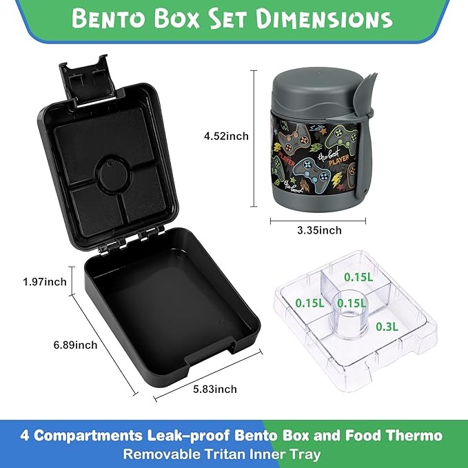 Bento Lunch Box Set With 10oz Soup Thermo, Leak-proof Lunch Containers with 4 Compartment, Kids Hot Thermo Food Jar/Insulation Lunch Bag, Food Containers for School (Black-Games)