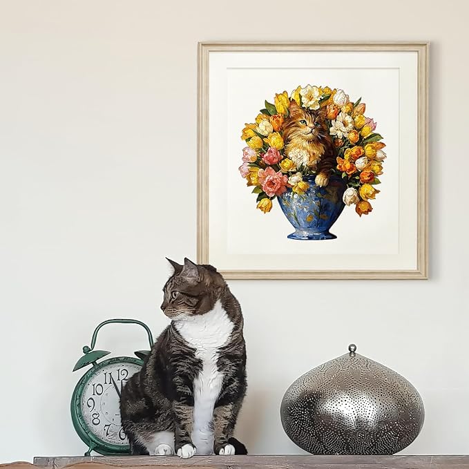 Jigfoxy Wooden Puzzles for Adults, The Vase Cat Wood Puzzles Adult, Unique Animal Shape Wooden Jigsaw Puzzles for Adults, Birthday Gifts for Puzzle Lovers, Family, Friend (S-7.4 * 7.7in-86pcs)