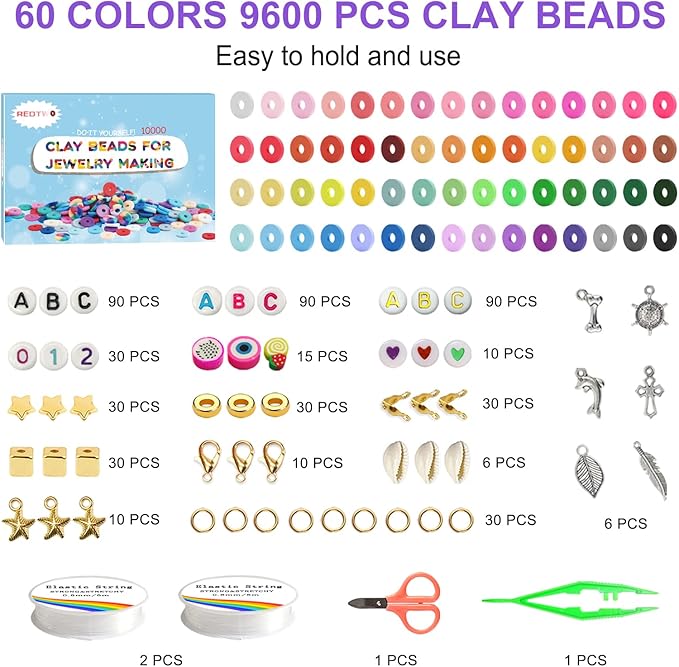 Redtwo 10000 Pcs Clay Beads Bracelet Making Kit, 3 Boxes 60 Colors Flat Preppy Beads for Friendship Bracelet Kit, Polymer Heishi Beads with Charms for Jewelry Making, Crafts Gifts for Teen Girls
