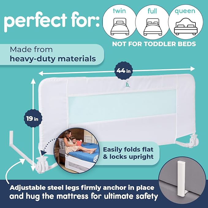 hiccapop 44" x 19" Bed Rail for Toddlers, Heavy-Duty Safety Bed Rail for Twin, Full, Queen Beds, Soft Mesh Cover & Swing-Down Design, Easy No-Tool Installation (White)