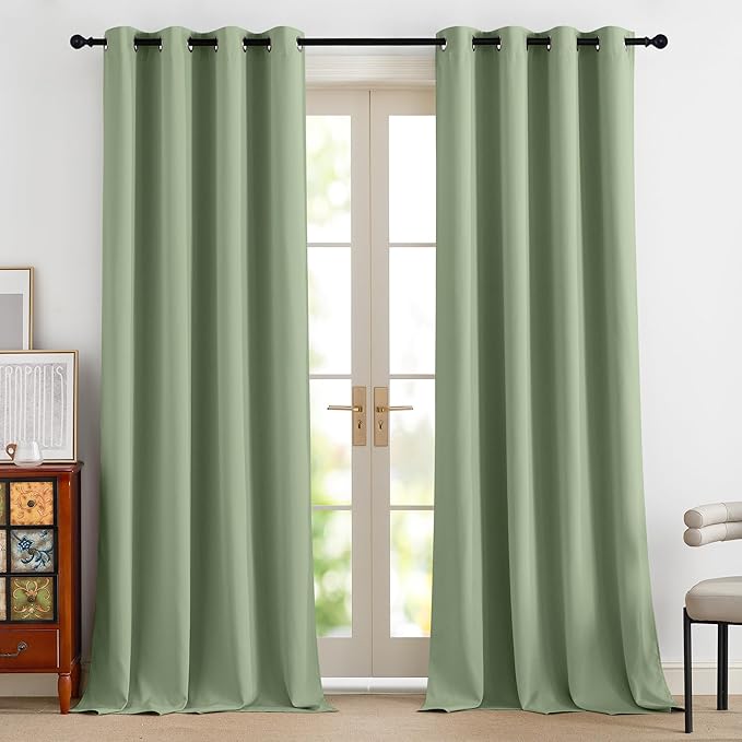 NICETOWN 100% Blackout Olive Green Curtains for Bedroom, Thermal Insulated Window Curtains 96 Inch Length 2 Panels Set, Grommet Top Drapes for Living Room, 52" W x 96" L