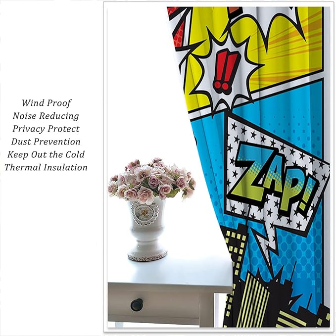 Superhero City Wars Explosion Rod Pocket Blackout Curtains for Boy Girl Bedroom, Colorful Comics Ar Home Energy Efficient Light Filtering Window Curtain for Living Room, 63x63 inch