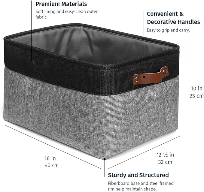 OrganiHaus Extra Large Fabric Storage Bins for Shelves 16x13in, Closet Storage Baskets for Shelf Organizing, Canvas Rectangle Bins for Organization, Linnen Baskets for Organizing - Gray/Black
