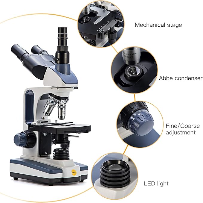 SWIFT Trinocular Compound Microscope SW350T,40X-2500X Magnification,Siedentopf Head,Research-Grade,Two-Layer Mechanical Stage,1.3mp Camera and Software Windows and Mac Compatible