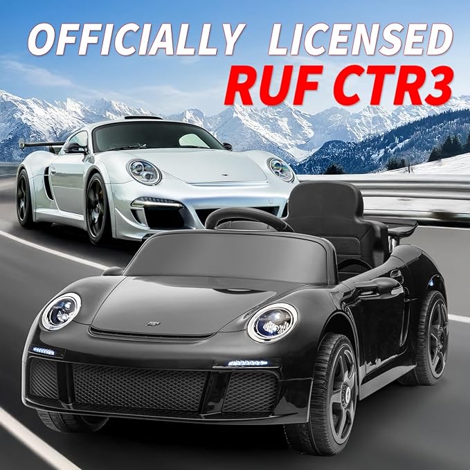 Licensed RUF CTR3 12V Kids Electric Car with Parent Remote Control, 2 Motors, 3 Speeds, LED Lights, MP3 Player | Battery Powered Ride-On Toy for Kids to Drive - Black