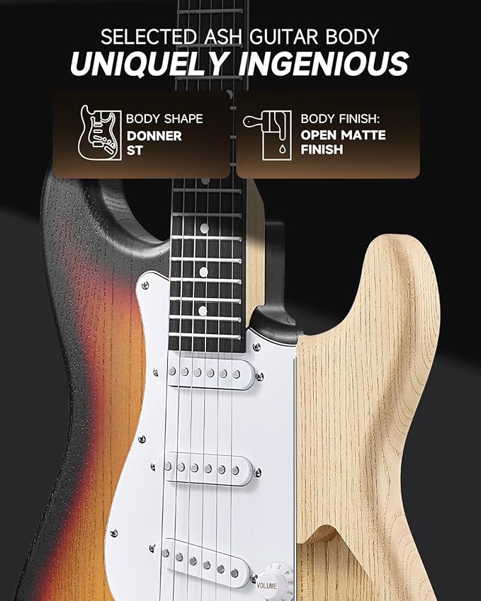 DONNER DST-80 Electric Guitar 39” Beginner Electric Guitar Kit with Amp, Classic SSS Pickup Complete with Gig Bag, Tuner, Capo, Strap, Picks, and Free Online Lessons