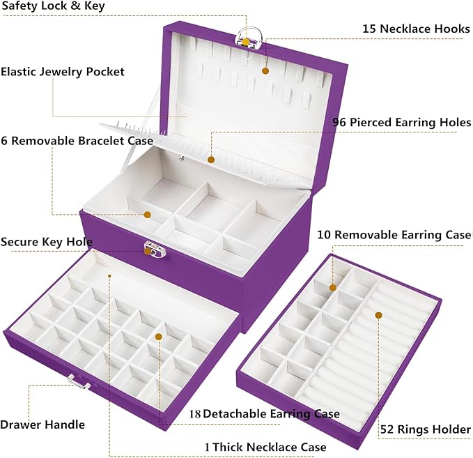 Earrings Jewelry Box for Girls, 5 Layers Jewelry Organizer with Earring Holder Organizer for Girls Earring Organizer Jewelry Boxes for Women Earrings and Necklaces Jewelry Box Organizer Purple