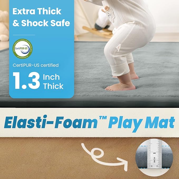 1.3" Thick Baby Play Mat for Floor, 79x79 Large Foam Tummy Time Mat, Padded Support Soft Plush Nursery Rug for Infant Kids Toddler Crawling Kick Activity (Light Grey)