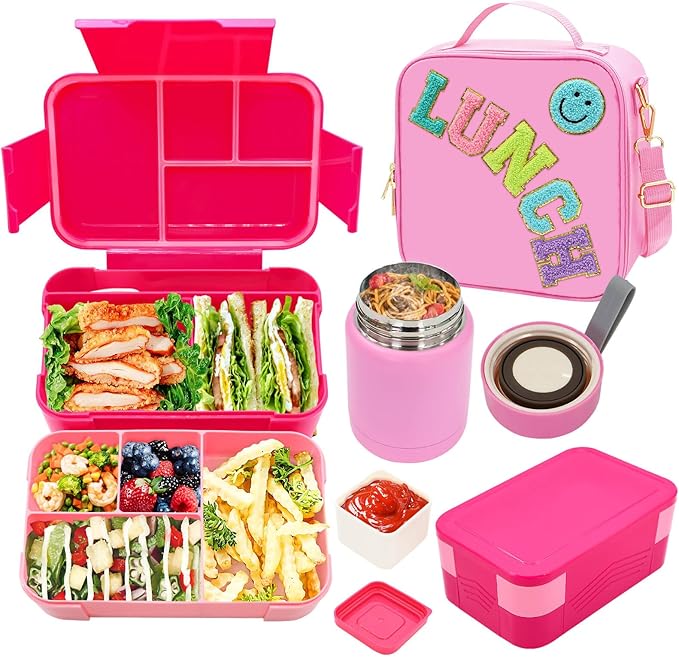 Pink Lunch Box for Girls with 10oz Thermo, with 6 Compartment Bento Box, Nylon Insulated Lunch Bag Adjustable Strap for Girl Kids Teens School Travel Picnic