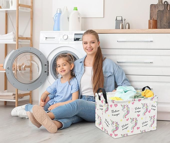 HIYAGON Rectangular Unicorn Basket Gift Baskets Empty Cute Storage Bin with Handles Nursery Room Decor(Unicorn)