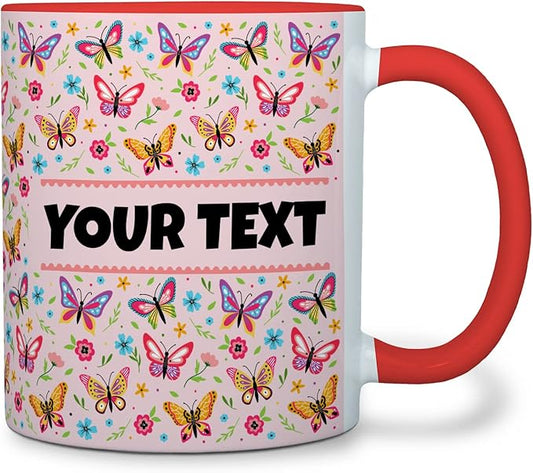Personalized Mug for Kids - Butterflies - Custom Name/Text, Ceramic Hot Chocolate/Cocoa/Coffee Cup for Girls, Birthday/Christmas/Holiday Gift - 11 oz, Red Handle