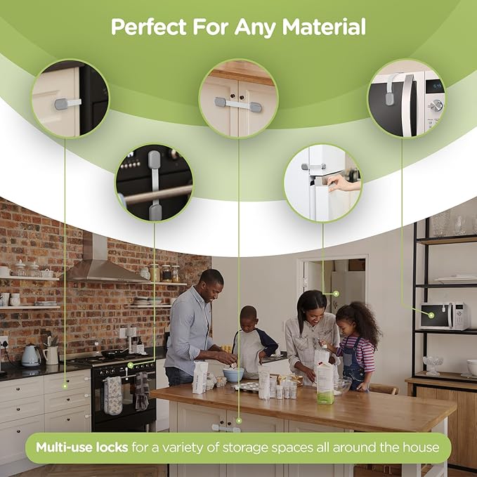 Baby Proofing Child Safety Locks (12 Pack) by Skyla Homes - The Safest, Quickest and Easiest 3M Adhesive Cabinet Latches, No Screws & Magnets, Multi-Purpose for Furniture, Kitchen, Ovens, Toilet Seats