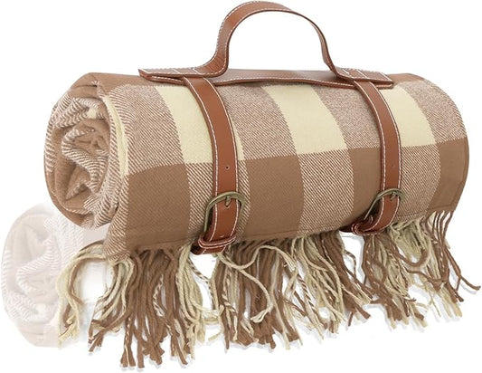 Picnic Blanket Extra Large Waterproof with Strap 59"x79" - Machine Washable Tassels Faux Wool Cashmere for Park, Grass, Camping, Hiking, Concerts (Coffee Plaid, 59"X79")
