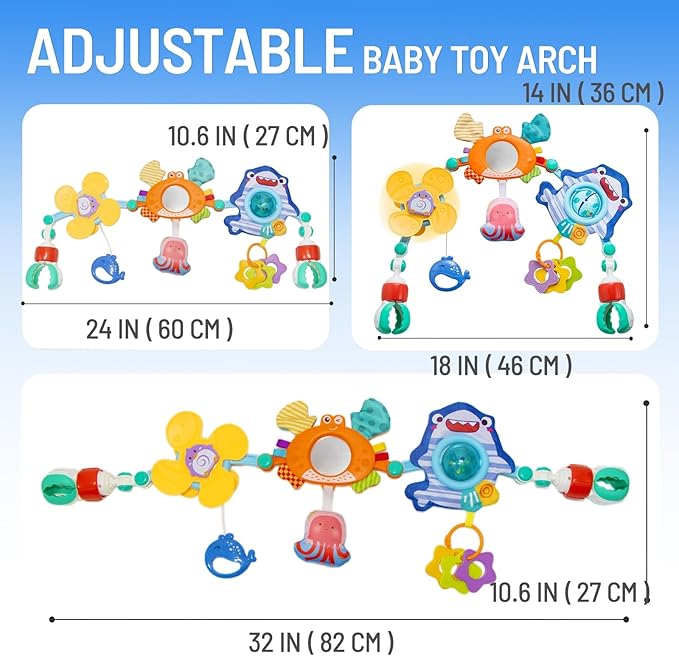 Adjustable Baby Stroller Arch Toy, Car Seat Toys for Infants 6-12 Months Hanging Toy Bar Attachment with Teether & Sound, Crib Comfort Gift for Birthday, Baby Shower