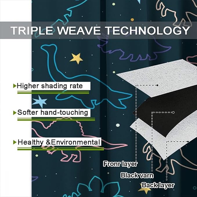 Cartoon Colorful Dinosaur Curtains for Kids Boys Girls Home Decor, Astronaut Funny Outer Space Star Blackout Rod Pocket Window Drapes for Bedroom Living Room W36xL63in 2 Panels