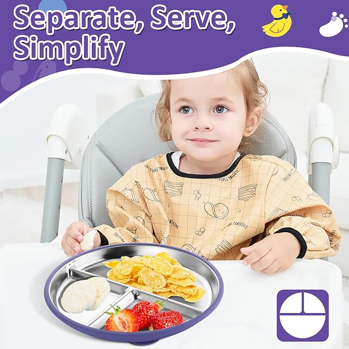Stainless Steel Toddler Plate with Suction, 9” Divided Plates with Removable Silicone Sleeves for Baby, Non Toxic & BPA Free | Non Slip | Unbreakable Kids Snack Dishes Set of 2, Green & Purple