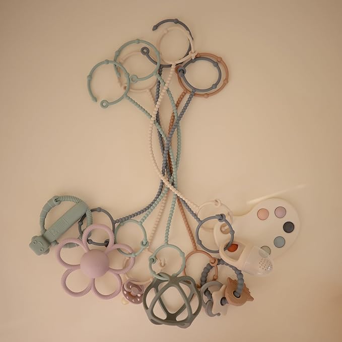 mushie Adjustable Silicone Toy Straps 2-Pack | Baby Accessories Holder for Travel, Stroller, High Chair (Cambridge Blue/Shifting Sand)