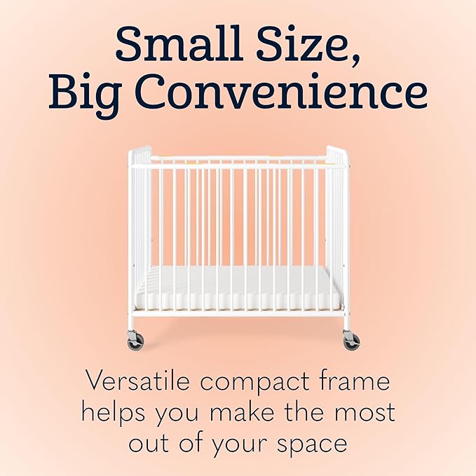 Foundations Chelsea Clearview Metal Compact Daycare Crib, 3" Casters, Compact Mini Size, Easy to Clean Durable Finish, Adjustable to Two Heights Mattress Board (White)