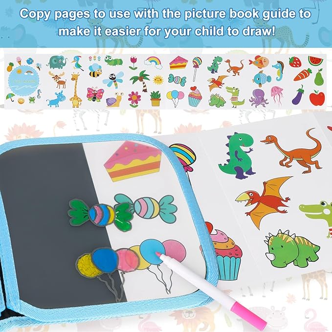 Erasable Doodle Set for Kids - Reusable Magic Drawing Book with 12 Watercolor Pens 14 Page Drawing, Road Trip Car Game Writing Painting Set for Boys and Girls (Blue Zoo)