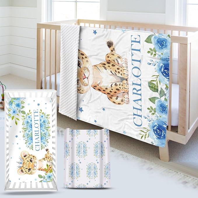 Custom Name Crib Bedding Set - Blue Floral Leopard Pattern, Personalized Nursery Bedding 3-Piece Set– Soft Blanket, Fitted Sheet, Changing Pad Cover – for Newborns Girls Nursery Gifts