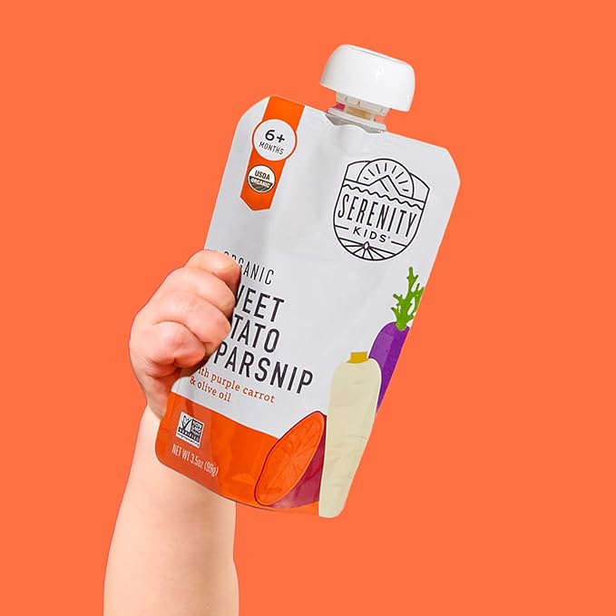 Serenity Kids 6+ Months Organic Veggie Puree Baby Food Pouches - No Added Sugar & Allergen Free - BPA-Free Baby Snacks & Toddler Food with Sweet Potato & Parsnip - 3.5 Oz, 12 Pack