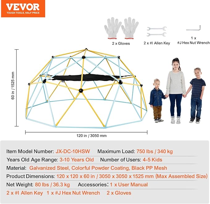 VEVOR Climbing Dome, 10FT Geometric Dome Climber with Hammock and Swing, Jungle Gym Supports 750LBS and Easy Assembly for Kids 3 to 10 Years Old, with Climbing Grip, Outdoor Backyard Play Equipment
