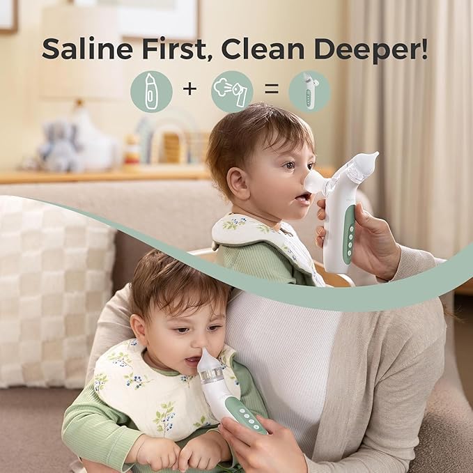 Momcozy BreezyClear™ 2-in-1 Electric Nasal Aspirator with Spray, Nasal Aspirator for Baby, 65kPa Nose Sucker with 4 Adjustable Suction Levels,Portable Electric Nose Cleaner,Light & Music Soothing