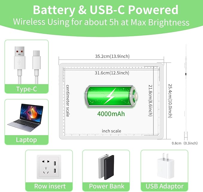 KOBAIBAN A4 Magnetic Light Box for Tracing, Rechargeable Diamond Art Light Board with Side Physical Buttons, 3 Color Light Modes Super Bright Light Pad for Diamond Painting, Weeding Vinyl (White)