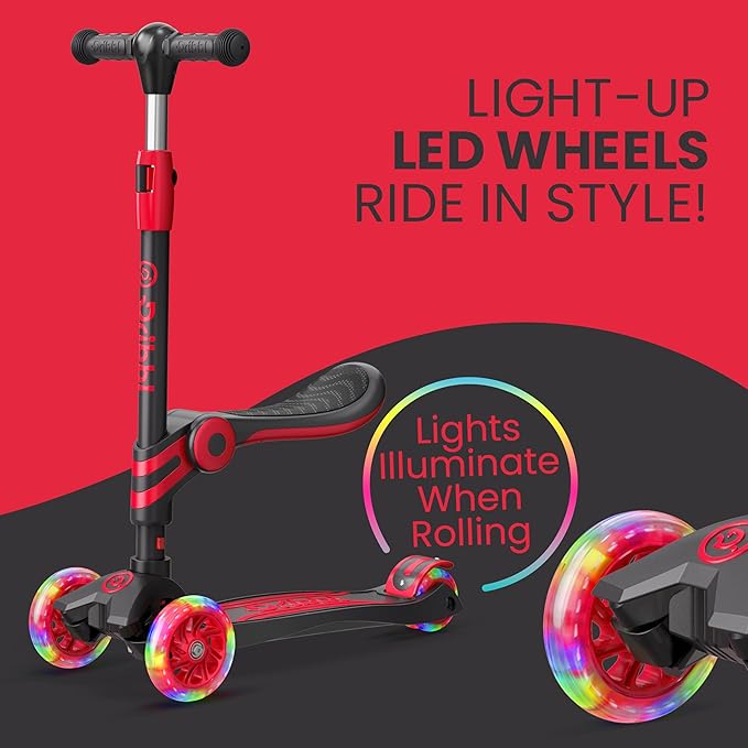 Black and Red 3 Wheel Scooter with Seat for Kids – Light-Up LED Wheels, Adjustable Handlebar and Seat, Smooth PU Wheels, Wide Anti-Slip Deck, Rear Foot Brake – Toddler Outdoor Toys for Ages 2+
