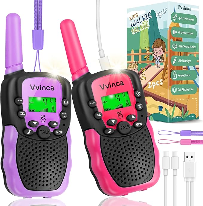 Vvinca Rechargeable Walkie Talkies for Kids, Toys for Ages 5-7 Birthday Gift for 3-12 Year Old Girl Boy with Flashlight 22 Channel 2 Way Radio 3 Mile Long Range Walkie Talkie for Outdoor Game Camping