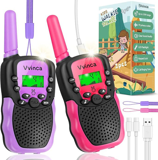 Vvinca Rechargeable Walkie Talkies for Kids, Toys for Ages 5-7 Birthday Gift for 3-12 Year Old Girl Boy with Flashlight 22 Channel 2 Way Radio 3 Mile Long Range Walkie Talkie for Outdoor Game Camping