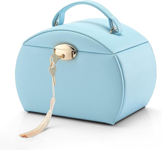 Vlando Musical Jewelry Box with Spinning Ballerina, Lockable Girls’ Jewelry Organizer for Necklaces Rings and Hair Accessories, Gift for Girls and Kids, Blue