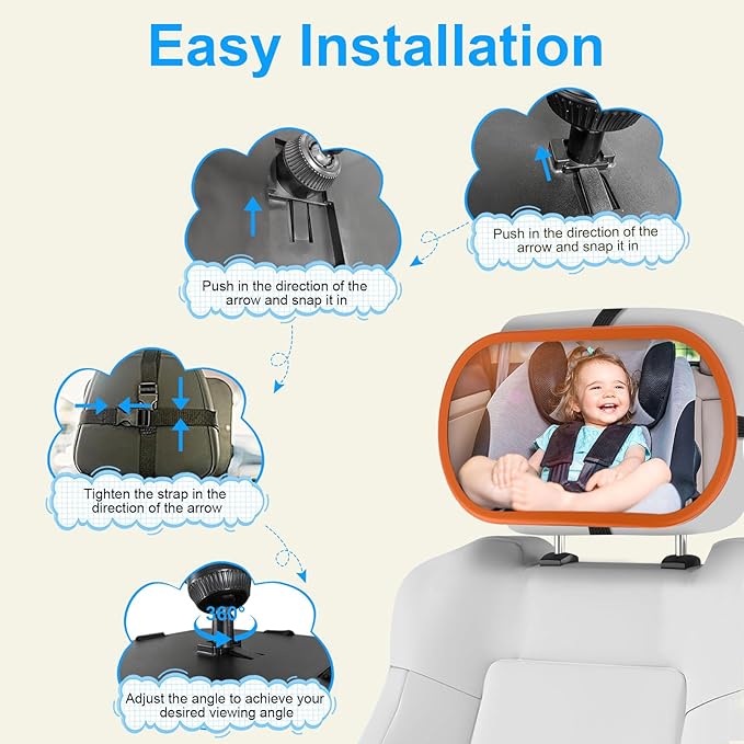 Baby Car Mirror, Safety Car Seat Mirror for Rear Facing Infant, Clear Wide View, 360°Rotation, Easily Observe the Baby Move, Secure, Shatterproof, Crash Tested and Certified(Orange)