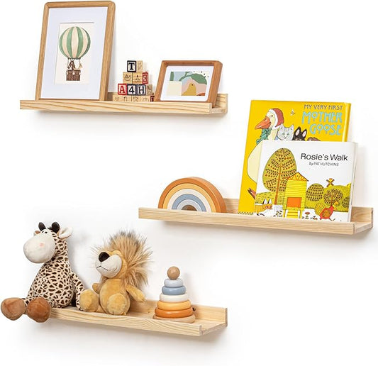 Picture Ledge Shelf for Wall, 24 inches Solid Pine Wood Nursery Book Shelves 3 Packs, Floating Ledge Shelves for Kids' Room Bedroom Bathroom Living Room Photo Frames Office Nursey Wall Decor, Natural
