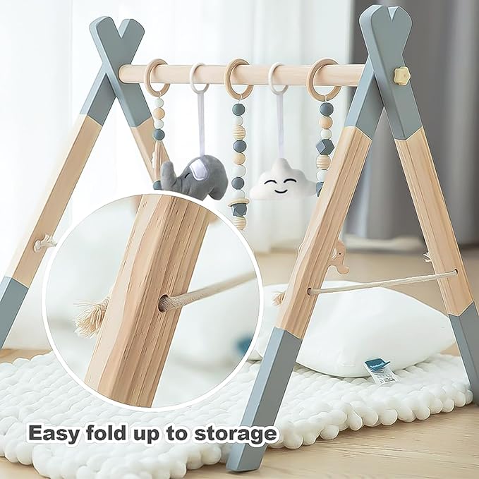 Wooden Foldable Baby Play Gym Frame Activity Hanging Bar With 5 Toys - Natural for Newborn (Grey)