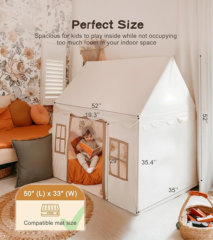 Little Dove Play Tent with Mat, Star Lights, Kids Playtent Indoor, Toddler Play Tent Large Outdoors for Kids Aged 3+, 52" x35" x 52", Toddler Teepee Play House with Windows