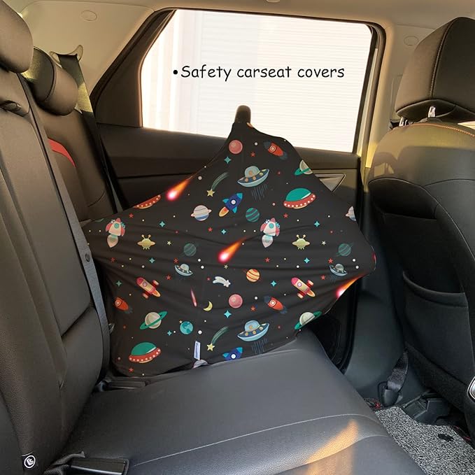 Carseat Covers Unisex - Black Creative Spacecraft Pattern Car Seat Canopy Cover for Babies, Multi-use Breastfeeding Cover, Baby Shower Gifts for Boy and Girls