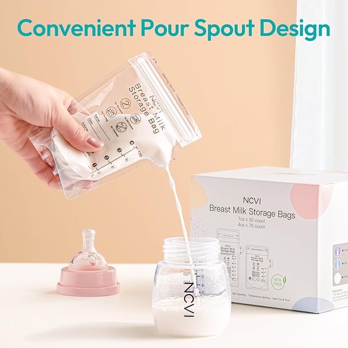 NCVI 4+7 oz Breastmilk Storage Bag Freezer for 0-3 Months, Breast Milk Feeding Bag with Temp-Sensing, Doubled-Sealed, Self Standing, Easy Pour Spout, BPA-Free, 4oz(70count)+7oz(30count)