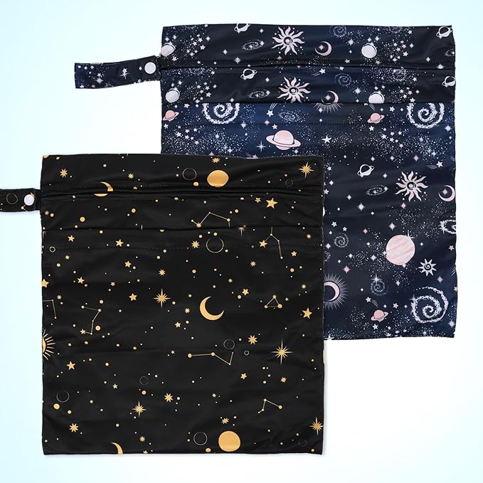 2pcs Cloth Diaper Wet Dry Bags, Waterproof Reusable Wet Bag with 2 Zipper Pockets & Handle, Washable Laundry Bags for Baby Adult Clothes Travel Beach Pool Daycare Yoga Gym Exercise Swimsuits,