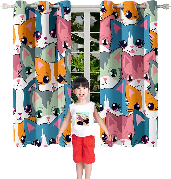 Cat Blackout Curtains for Girls - 2Pcs Cute Cartoon Cat Patterns Curtain Panels for Girls Bedroom Lovely Cats Drapes Darkening Window Curtain for Living Room Bedroom, 82" x 63"