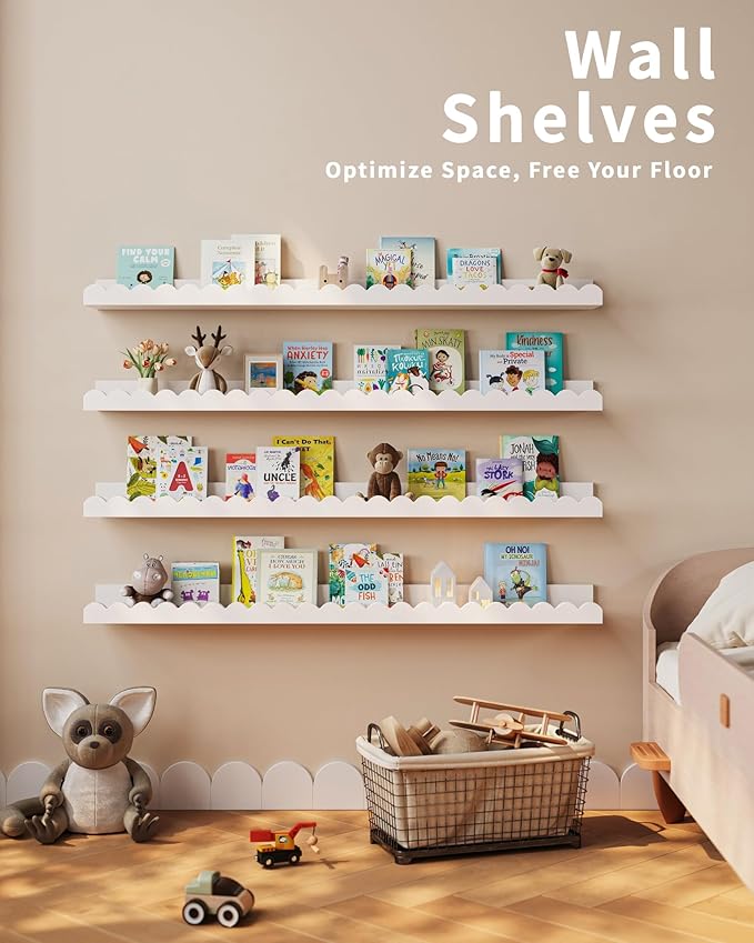 Nursery Book Shelves, 4-Pack White Floating Shelves for Wall Kids, Scalloped Shelves, Wall Book Shelves for Bedroom Kids, Toddler Room, Baby Room, Nursery Decor (White, 36 Inches)