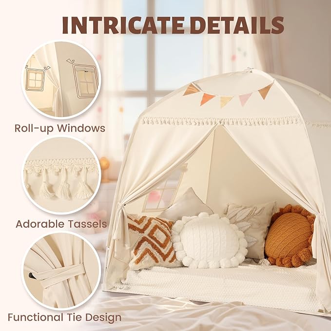 Sumbababy Large Teepee Tent for Kids: with Star Lights & Flags - Tent for Kids Indoor Toddler Teepee for Boys & Girls - Toddler Playhouse Inside Canopy Bed for Playroom Gift Toys (Cream)