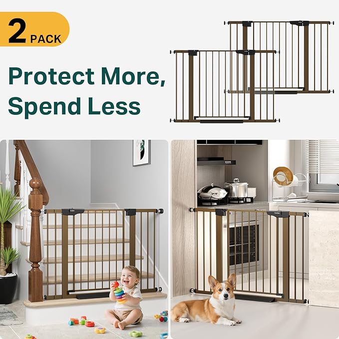 Cumbor 2 Pack 29.7-46" Baby Gate for Stairs, Mom's Choice Awards Winner-Auto Close Dog Gate for doorways, Easy Install Pressure Mounted Pet Gates indoor, Easy Walk Thru Wide Safety Gate for Dog, Brown