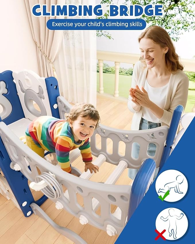 YUFU Toddler Slide Set, 11 in 1 Kids Slide for Toddlers 1-3, Toddler Playset with Climbing Bridge, Golf Set, Basketball Hoop, Indoor Outdoor Playground (Blue)