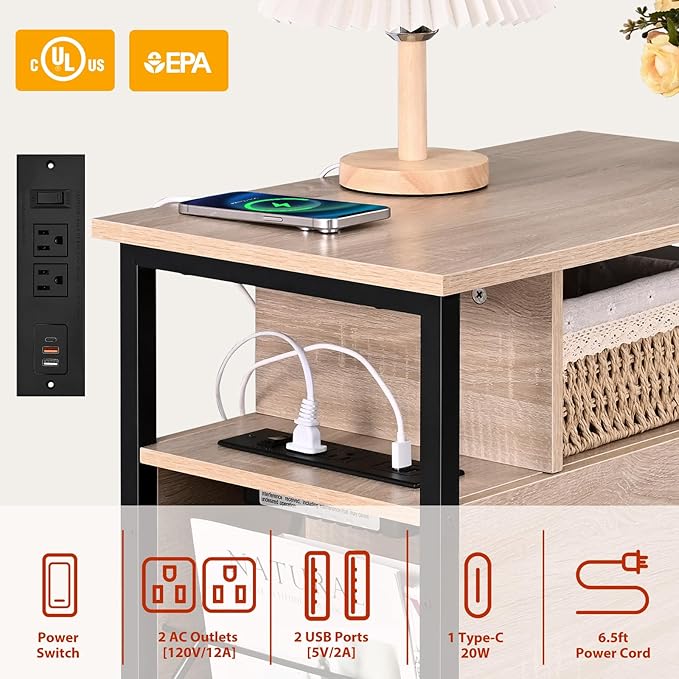 Side Tables with Charging Station, Narrow End Table with 2 Wooden Drawers, USB Ports and Power Outlets, Narrow Nightstand and Bedside Table, Side Tables Living Room, Bedroom, Greige