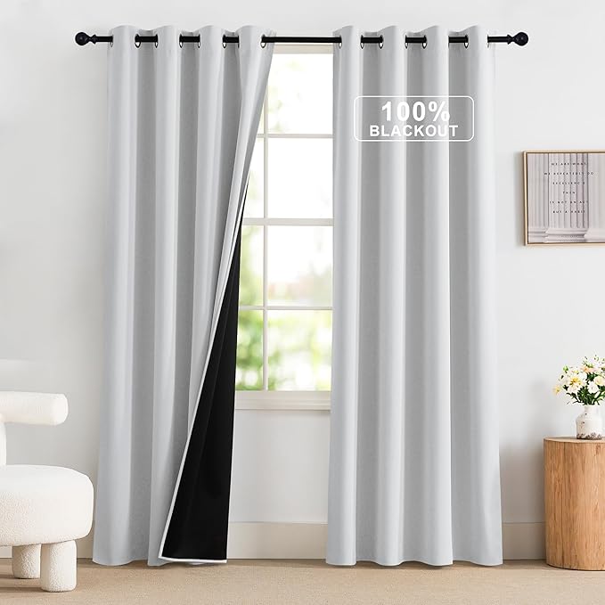 NICETOWN 100% Blackout Curtains 84 inch Long for Bedroom, Total Blackout Thermal Insulated Grommet Long Window Curtains 2 Panels Set, 2 Panels, Greyish White, 52 inch Wide