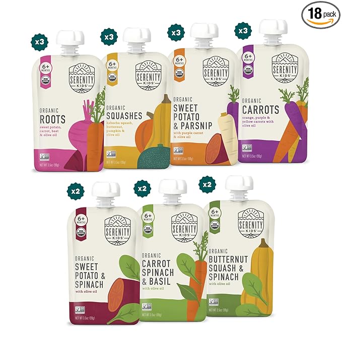 Serenity Kids Certified Organic Baby Food Veggie Puree Pouches Variety Pack - 18 x 3.5 oz for 6+ Months - No Added Sugar & Allergen Free - BPA-Free Packaging - Baby Food Pouches - Pouches Toddler