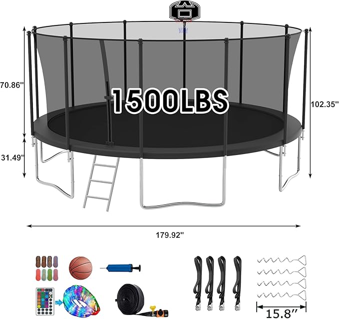 SKYUP Tranpoline 1500LBS 16 15 14 12 10 8 FT Tranpoline for 7-10 Kids and Adults, Windproof Outdoor Tranpoline with Enclosure Net, Basketball Hoop, Easy to Install & Last Long - ASTM Approved